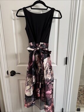 SLNY Black Bodice Floral Midi Dress with Pink and Cream Bowed Skirt